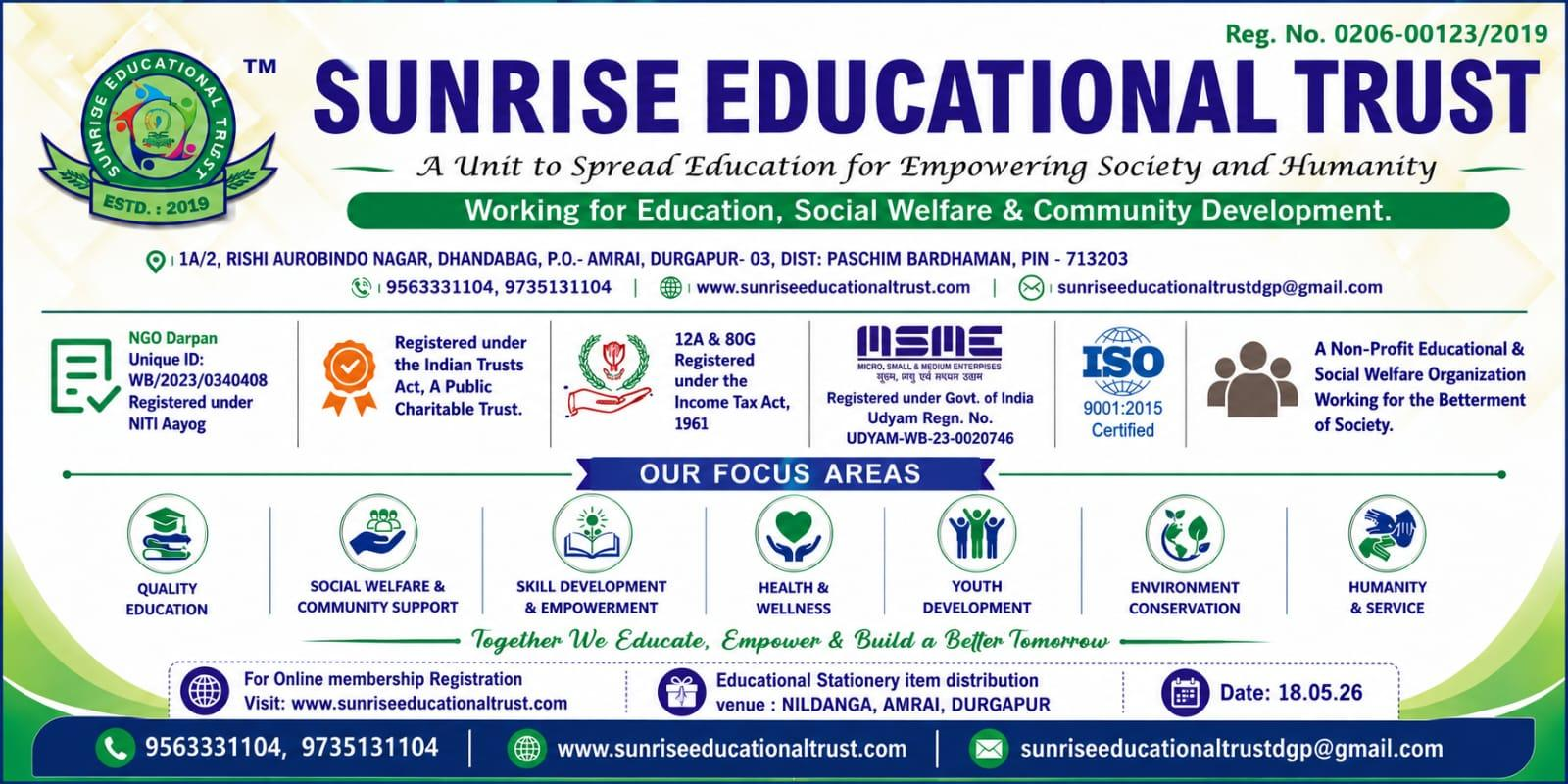 Welcome banner for Sunrise Modern School, Durgapur.